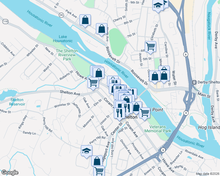 map of restaurants, bars, coffee shops, grocery stores, and more near 47 1/2 Perry Avenue in Shelton