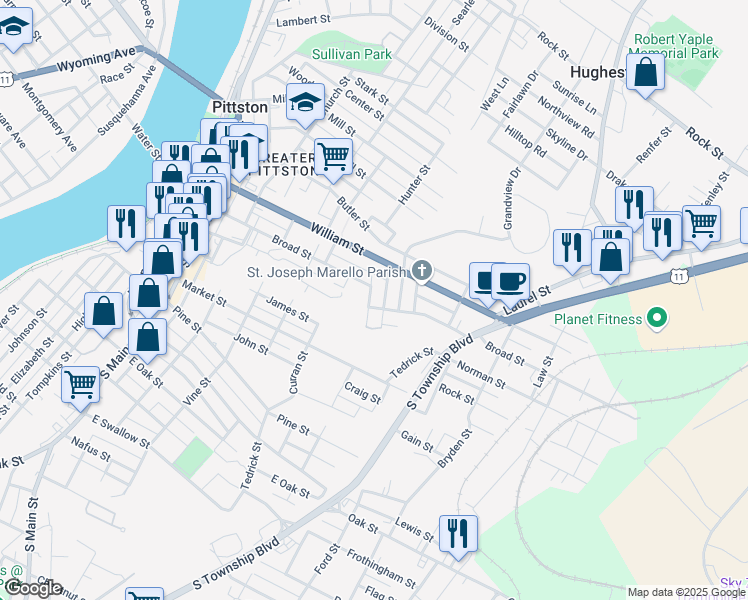 map of restaurants, bars, coffee shops, grocery stores, and more near 229-231 Broad Street in Pittston