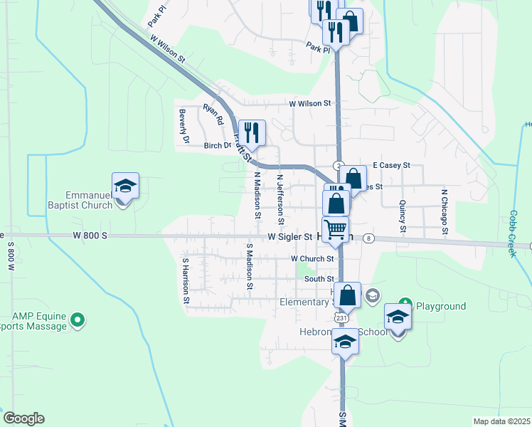 map of restaurants, bars, coffee shops, grocery stores, and more near 104 North Jefferson Street in Hebron