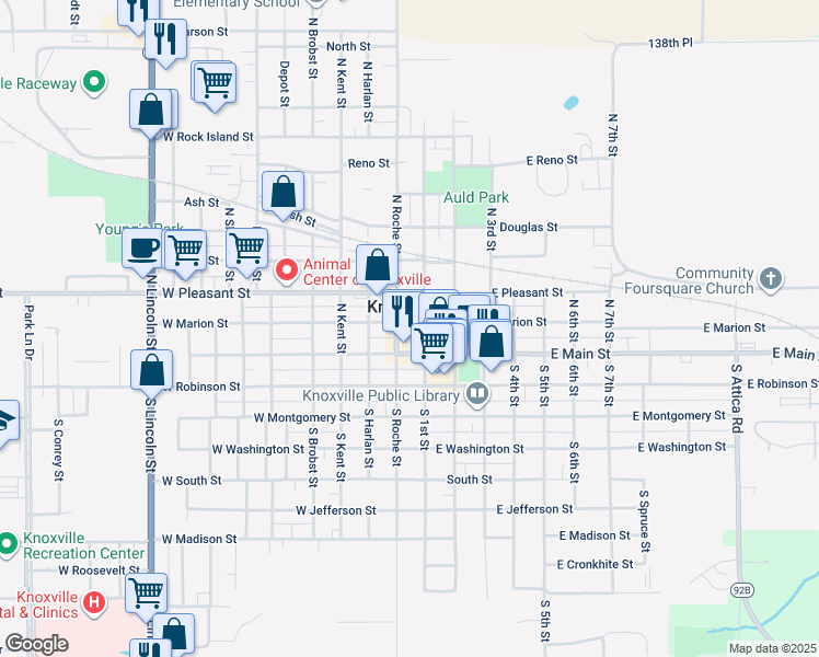 map of restaurants, bars, coffee shops, grocery stores, and more near 105 West Main Street in Knoxville
