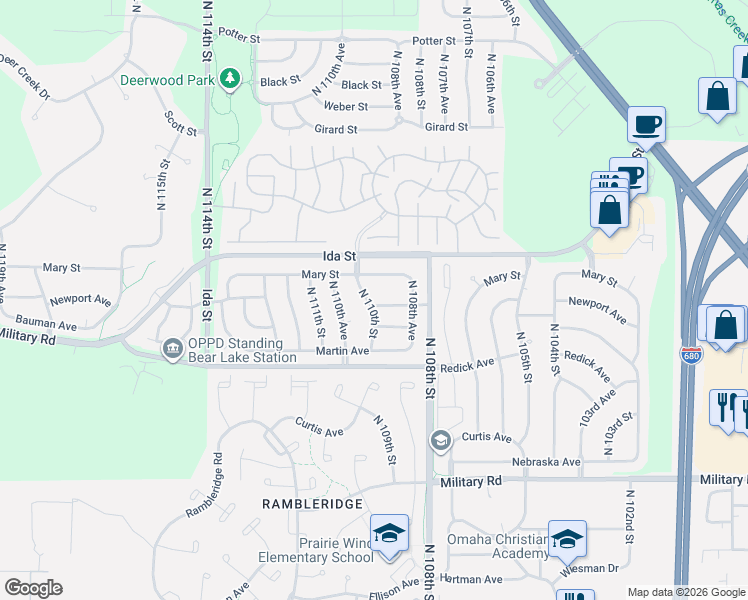 map of restaurants, bars, coffee shops, grocery stores, and more near 6606 North 110th Street in Omaha