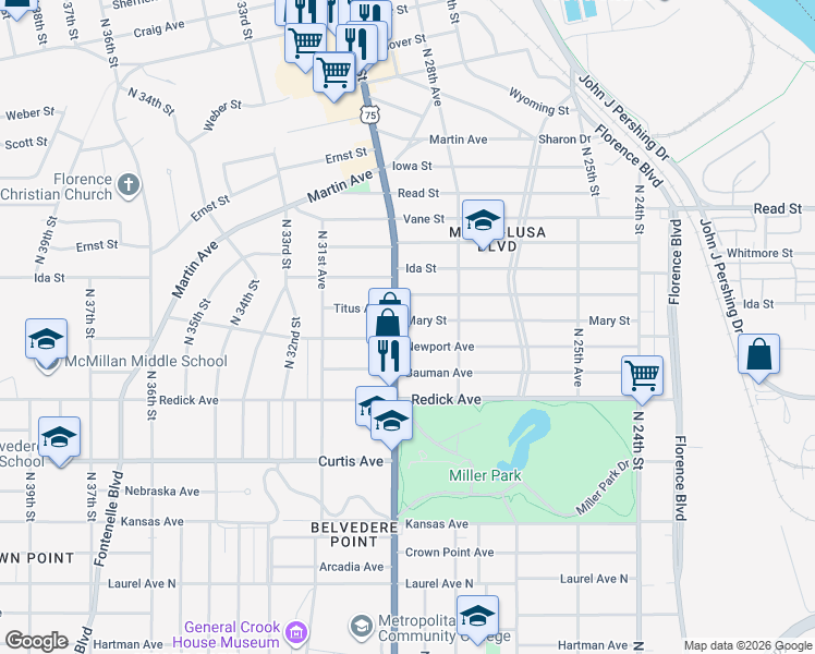 map of restaurants, bars, coffee shops, grocery stores, and more near 2881 Mary Street in Omaha