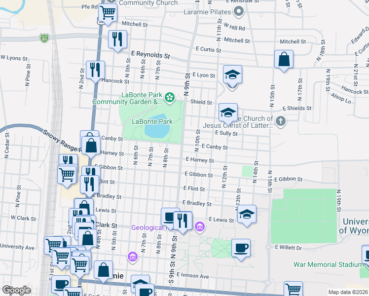 map of restaurants, bars, coffee shops, grocery stores, and more near 820 North 9th Street in Laramie