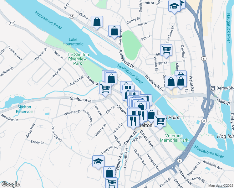 map of restaurants, bars, coffee shops, grocery stores, and more near 47 1/2 Perry Avenue in Shelton
