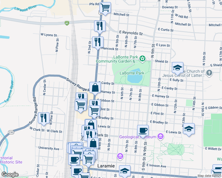 map of restaurants, bars, coffee shops, grocery stores, and more near 862 North 5th Street in Laramie