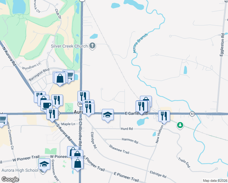 map of restaurants, bars, coffee shops, grocery stores, and more near 147 Royal Oak Drive in Aurora