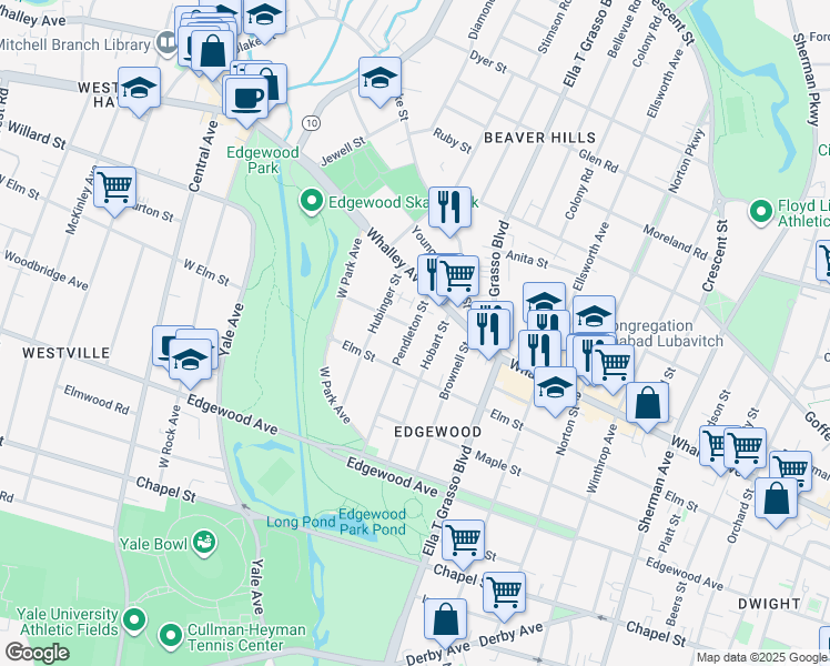 map of restaurants, bars, coffee shops, grocery stores, and more near 142 Pendleton Street in New Haven
