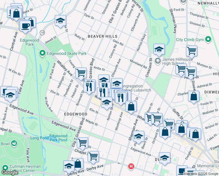 map of restaurants, bars, coffee shops, grocery stores, and more near 357 Ellsworth Avenue in New Haven