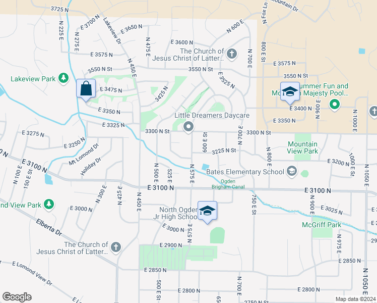 map of restaurants, bars, coffee shops, grocery stores, and more near 3227 North 575 West in Pleasant View