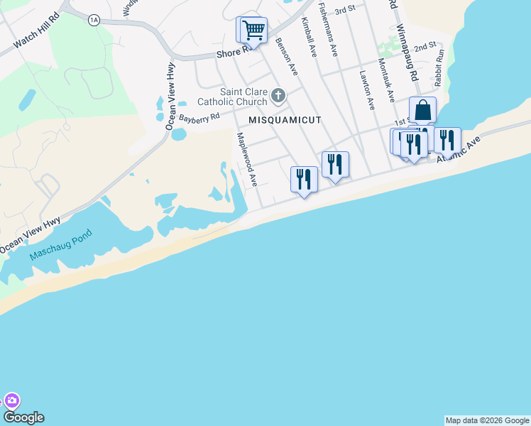 map of restaurants, bars, coffee shops, grocery stores, and more near 1 Maplewood Avenue in Westerly