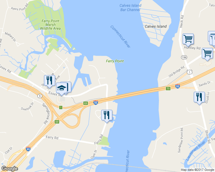 map of restaurants, bars, coffee shops, grocery stores, and more near 232 Ferry Road in Old Saybrook