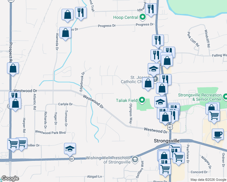 map of restaurants, bars, coffee shops, grocery stores, and more near 12707 Doria Court in Strongsville
