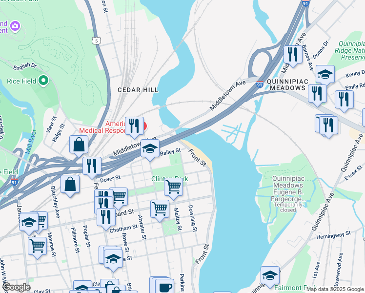 map of restaurants, bars, coffee shops, grocery stores, and more near 436 Front Street in New Haven