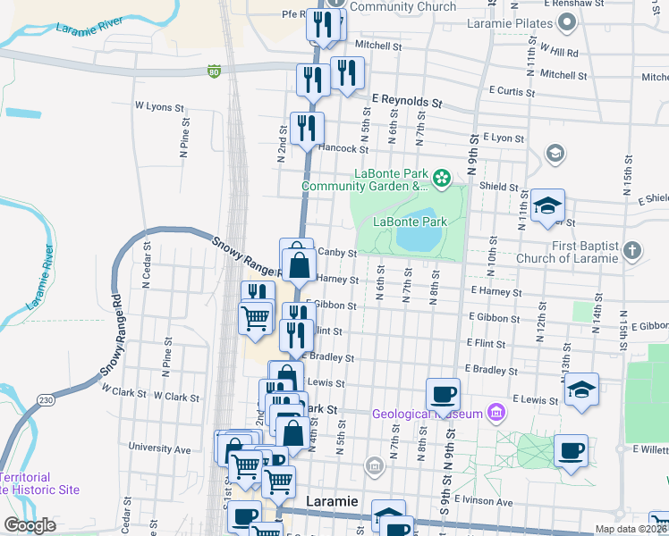 map of restaurants, bars, coffee shops, grocery stores, and more near 869 North 4th Street in Laramie