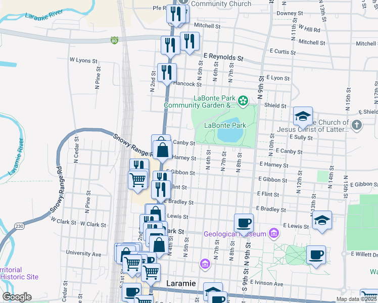 map of restaurants, bars, coffee shops, grocery stores, and more near 869 North 4th Street in Laramie