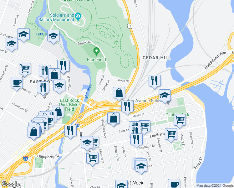 map of restaurants, bars, coffee shops, grocery stores, and more near 156 Cedar Hill Avenue in New Haven
