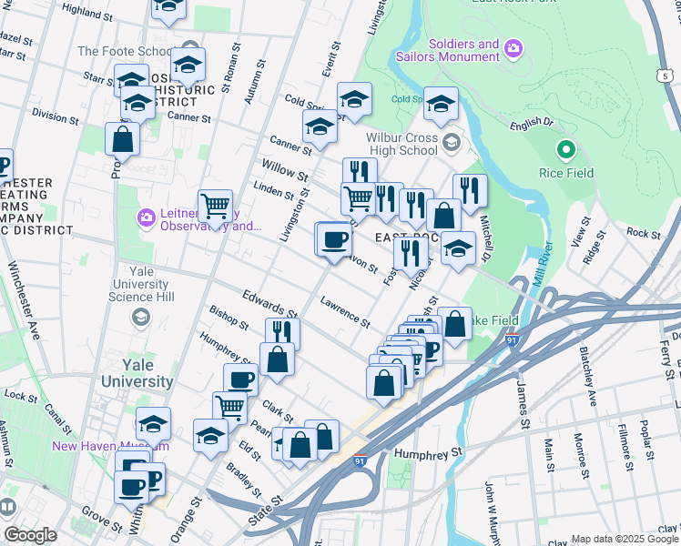 map of restaurants, bars, coffee shops, grocery stores, and more near 730 Orange Street in New Haven