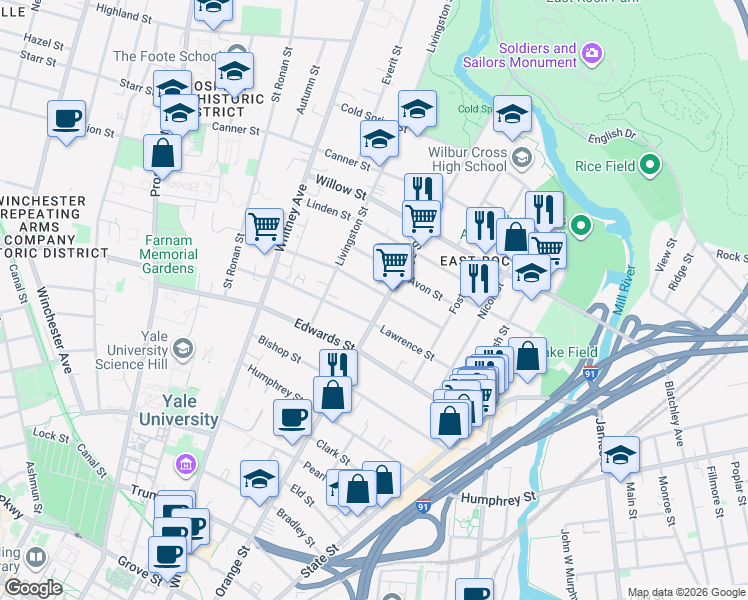 map of restaurants, bars, coffee shops, grocery stores, and more near 730 Orange Street in New Haven