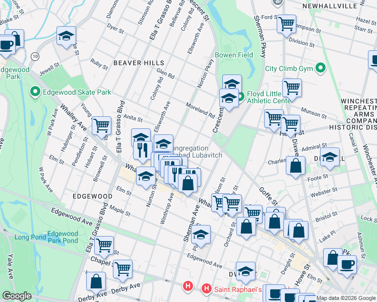 map of restaurants, bars, coffee shops, grocery stores, and more near 566 Winthrop Avenue in New Haven