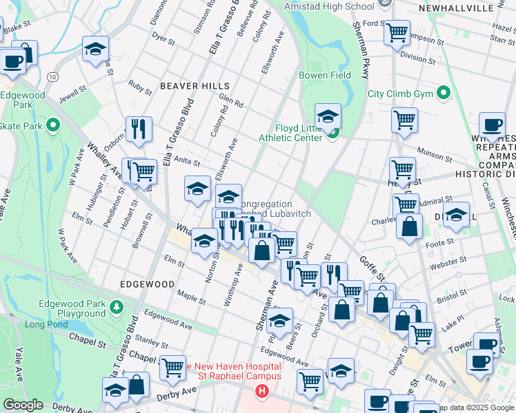 map of restaurants, bars, coffee shops, grocery stores, and more near 566 Winthrop Avenue in New Haven