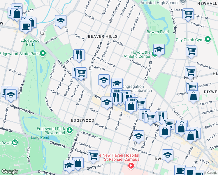 map of restaurants, bars, coffee shops, grocery stores, and more near 374 Ellsworth Avenue in New Haven