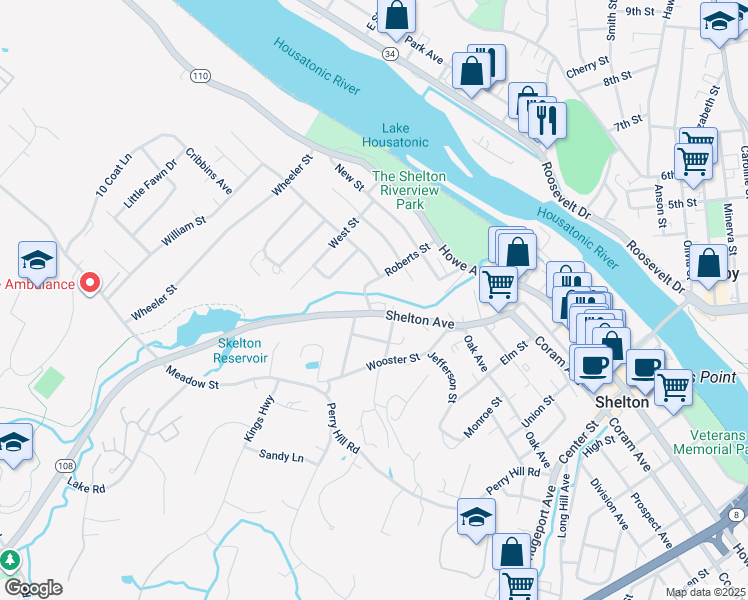 map of restaurants, bars, coffee shops, grocery stores, and more near 51 Roberts Street in Shelton