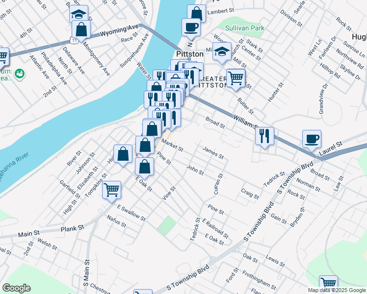 map of restaurants, bars, coffee shops, grocery stores, and more near 7 Spring Street in Pittston