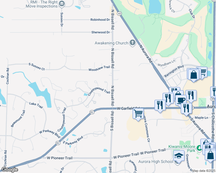 map of restaurants, bars, coffee shops, grocery stores, and more near 136 Ashland Lane in Aurora
