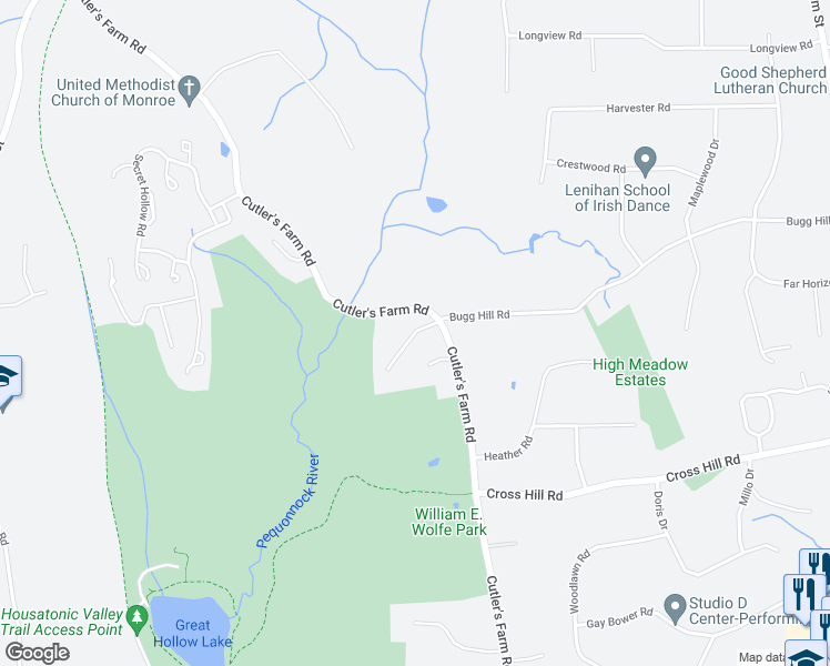 map of restaurants, bars, coffee shops, grocery stores, and more near 99 Hawley Lane in Monroe