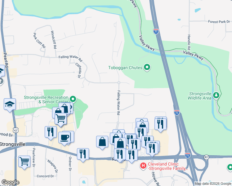 map of restaurants, bars, coffee shops, grocery stores, and more near 17359 Falling Water Road in Strongsville