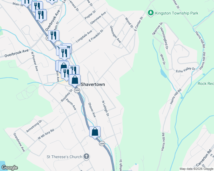 map of restaurants, bars, coffee shops, grocery stores, and more near 2-110 James St in Back Mountain