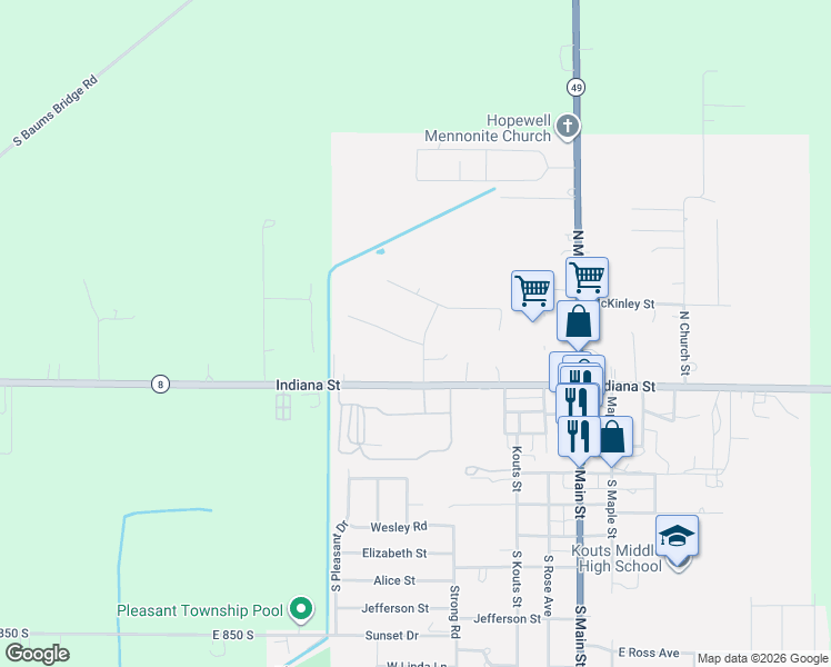 map of restaurants, bars, coffee shops, grocery stores, and more near 207 North Oakdale Street in Kouts