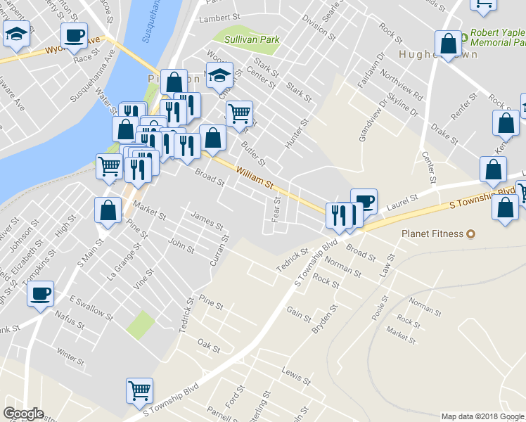 map of restaurants, bars, coffee shops, grocery stores, and more near 7 Front Street in Pittston