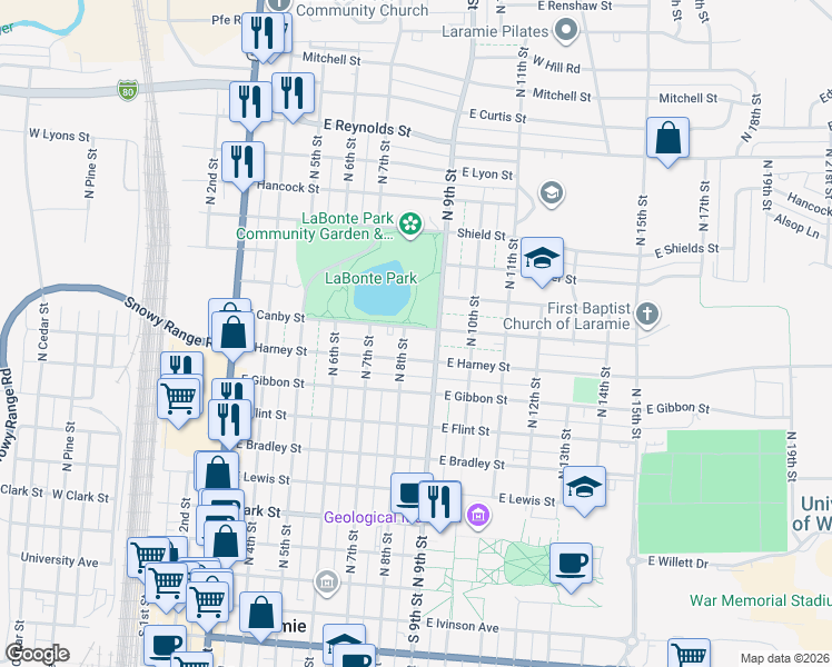 map of restaurants, bars, coffee shops, grocery stores, and more near 956 North 9th Street in Laramie