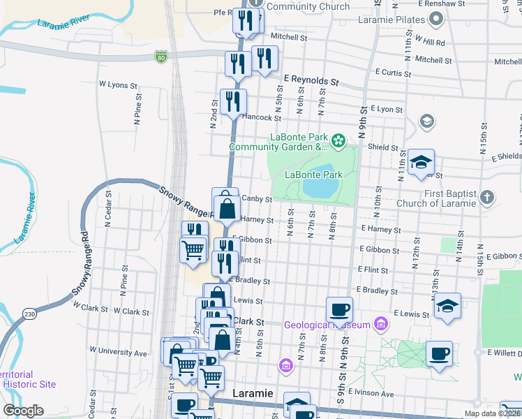 map of restaurants, bars, coffee shops, grocery stores, and more near 869 North 4th Street in Laramie