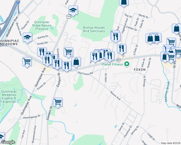 map of restaurants, bars, coffee shops, grocery stores, and more near 141 Old Foxon Road in East Haven