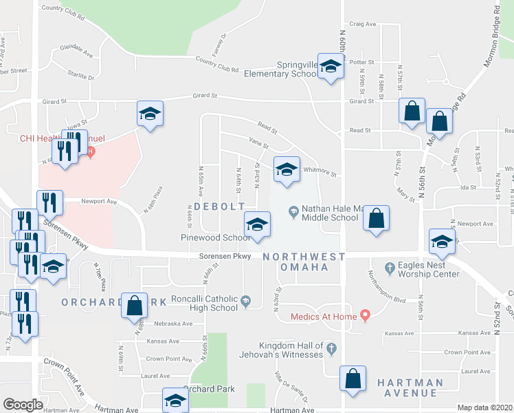 map of restaurants, bars, coffee shops, grocery stores, and more near 6741 North 63rd Street in Omaha