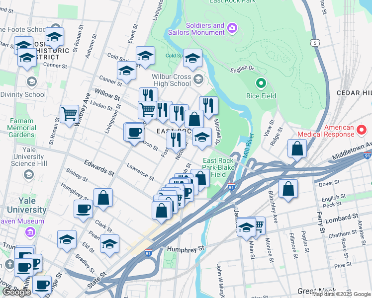 map of restaurants, bars, coffee shops, grocery stores, and more near 183 Nicoll Street in New Haven