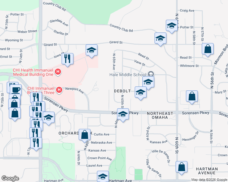 map of restaurants, bars, coffee shops, grocery stores, and more near 6720 North 65th Avenue in Omaha