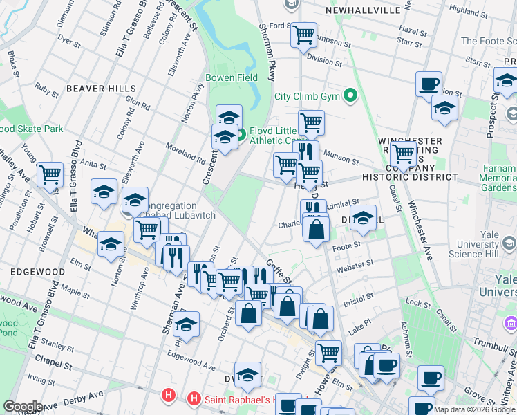 map of restaurants, bars, coffee shops, grocery stores, and more near 151 County Street in New Haven
