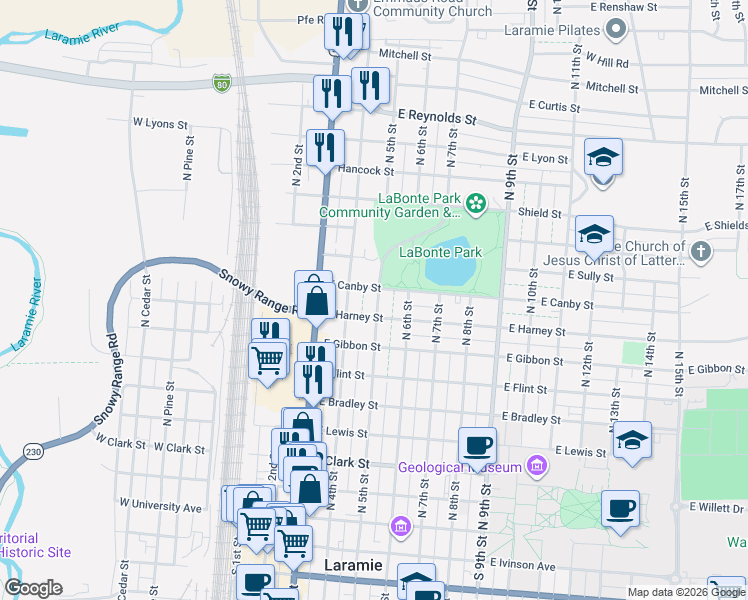 map of restaurants, bars, coffee shops, grocery stores, and more near 506 East Canby Street in Laramie