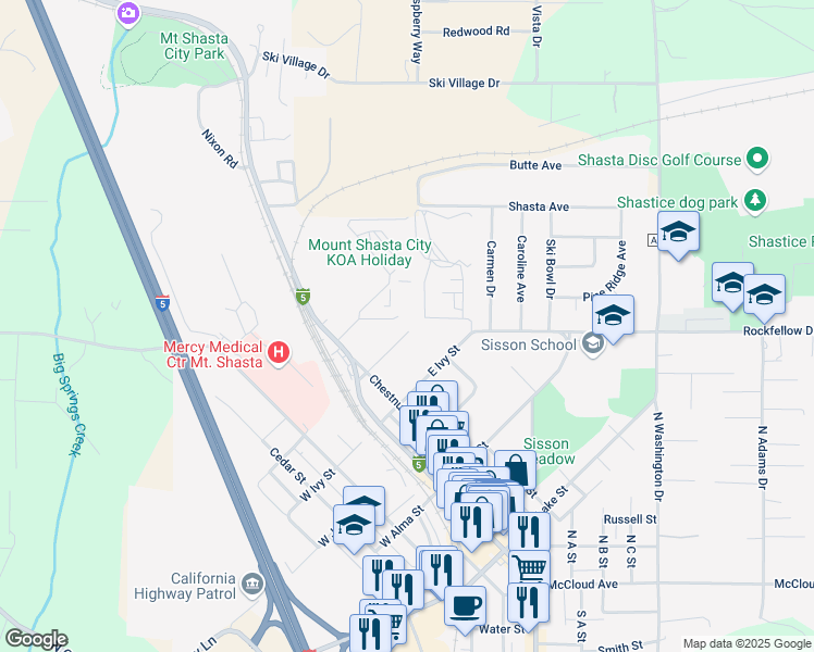 map of restaurants, bars, coffee shops, grocery stores, and more near 216 East Hinckley Street in Mount Shasta