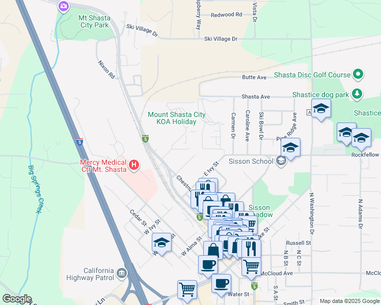 map of restaurants, bars, coffee shops, grocery stores, and more near 216 East Hinckley Street in Mount Shasta