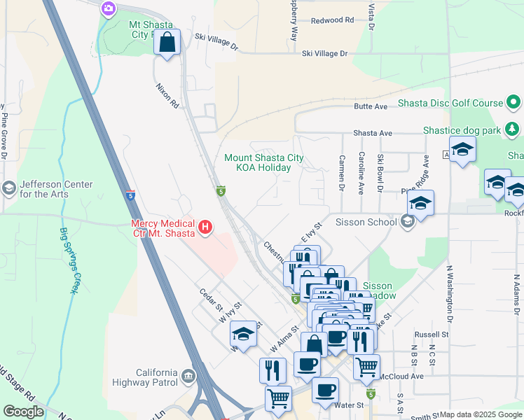 map of restaurants, bars, coffee shops, grocery stores, and more near 206 East Hinckley Street in Mount Shasta