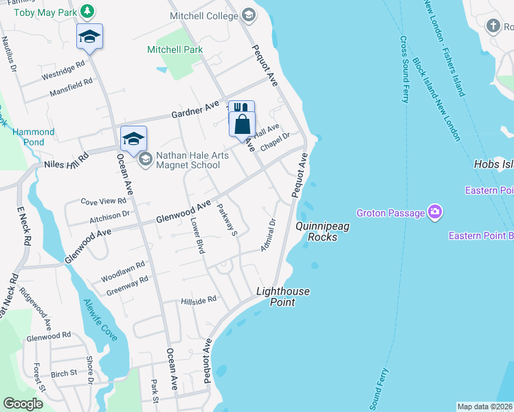 map of restaurants, bars, coffee shops, grocery stores, and more near 911 Montauk Avenue in New London