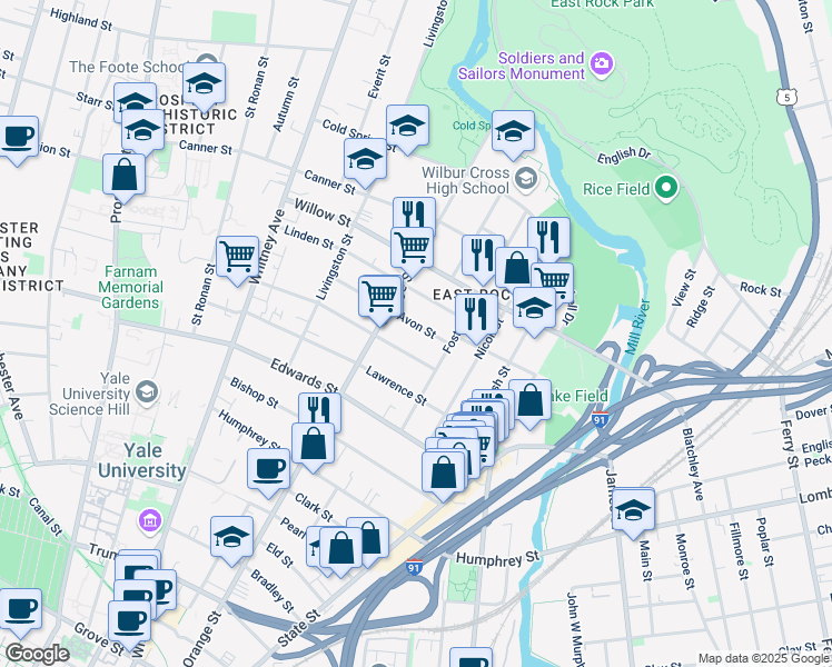 map of restaurants, bars, coffee shops, grocery stores, and more near 51 Avon Street in New Haven