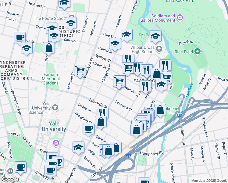 map of restaurants, bars, coffee shops, grocery stores, and more near 730 Orange Street in New Haven