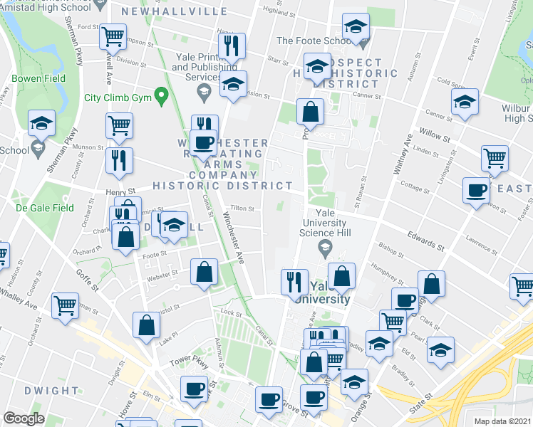 map of restaurants, bars, coffee shops, grocery stores, and more near 197 Mansfield Street in New Haven