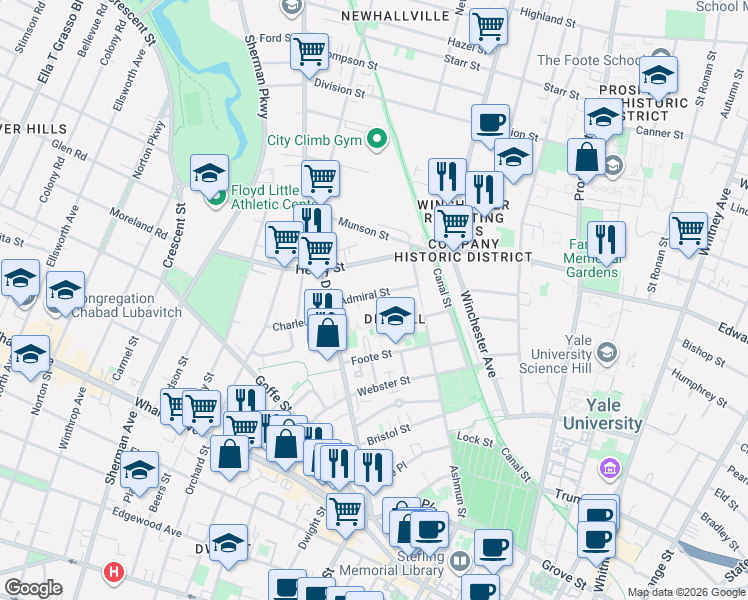 map of restaurants, bars, coffee shops, grocery stores, and more near 29 Admiral Street in New Haven