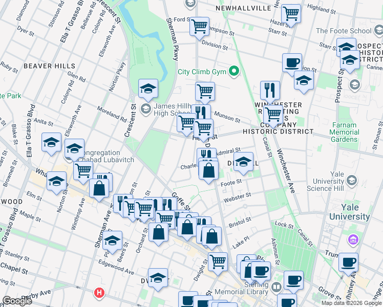 map of restaurants, bars, coffee shops, grocery stores, and more near 725 Orchard Street in New Haven
